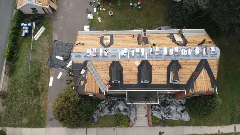Commercial Roofing Company Saint Paul, MN Aerial view of roof renovation project.