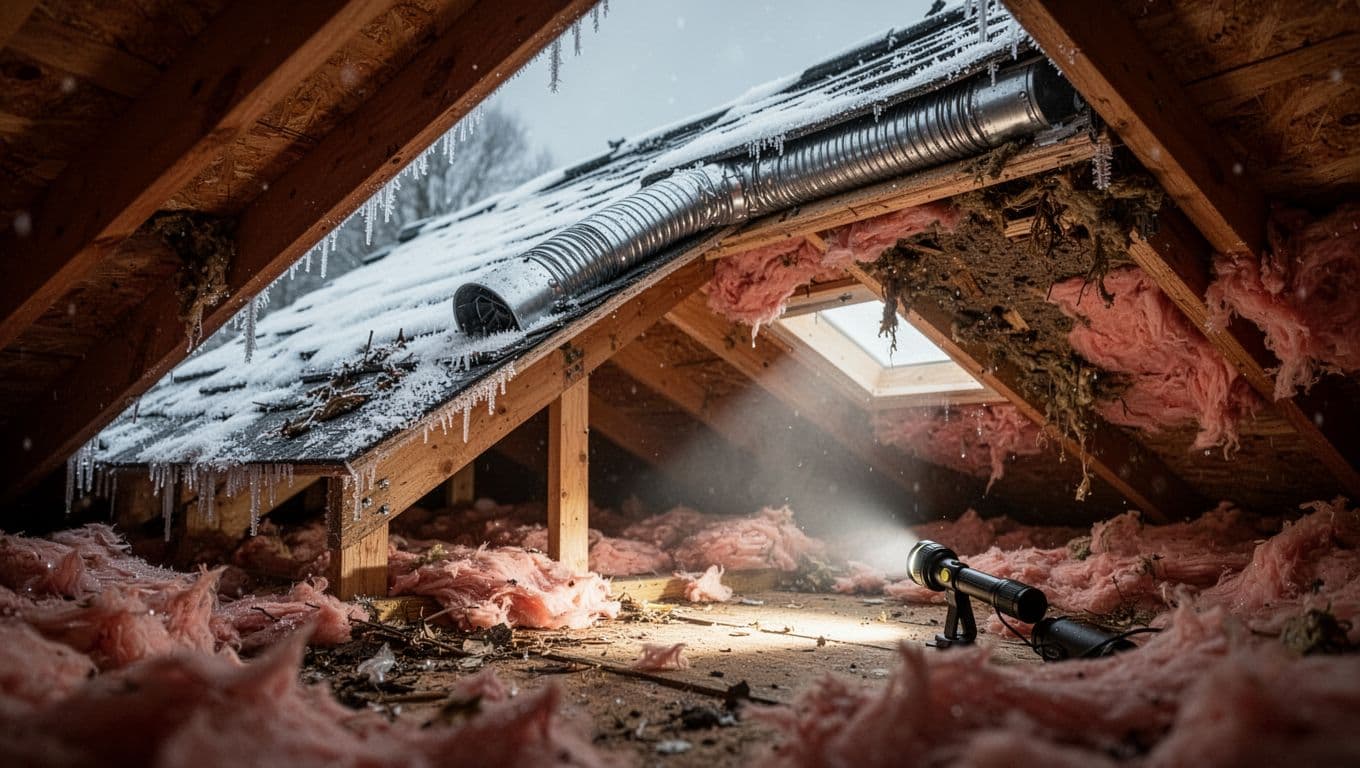 Photorealistic residential attic with excessive ridge venting, blocked soffit intakes filled with insulation and debris, causing negative pressure, frost on roof deck near eaves, and matted pink fiberglass insulation from leaking warm moist air.
