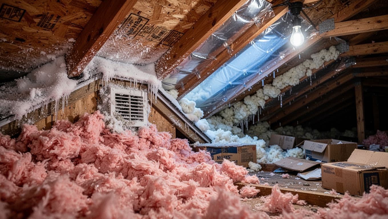 Photorealistic landscape of a Minnesota residential attic eave during winter inspection, showing pink blown-in fiberglass insulation blocking soffit vents and causing frost on roof sheathing, contrasted with proper rafter baffle.