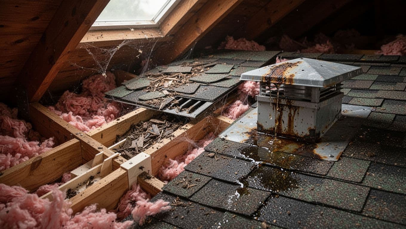 Photorealistic close-up inside a residential attic showing roof ventilation mistakes: blocked ridge vent with debris and shingles, missing rafter baffles allowing pink insulation to block soffit intakes, and leaky box vent with water stains and rust.