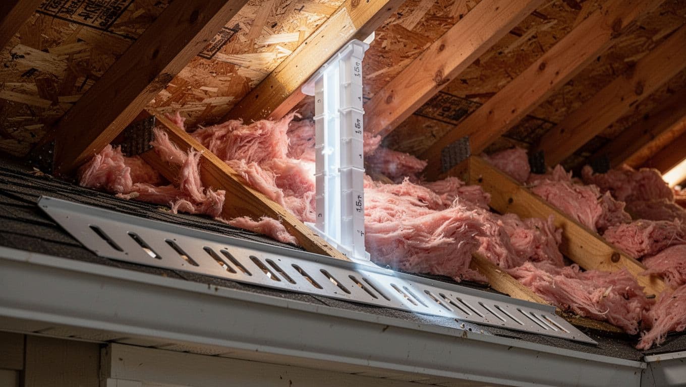 Photorealistic detailed view of a residential home attic eave from inside, showing proper soffit intake ventilation setup with continuous strip soffit vents, rafter baffles creating air channels, and pink blown-in fiberglass insulation.