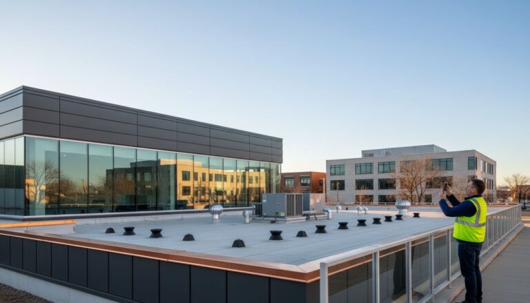 Person photographing modern commercial rooftop.