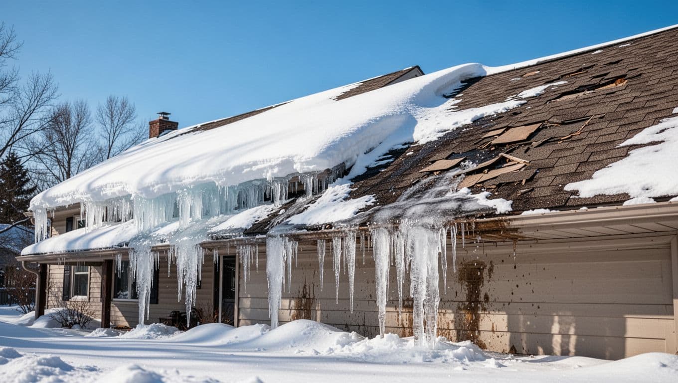 Photorealistic view of a snowy Minnesota home roof featuring large ice dams along the eaves, hanging icicles, melt streaks from heat escape, and damaged asphalt shingles under a clear blue winter sky.