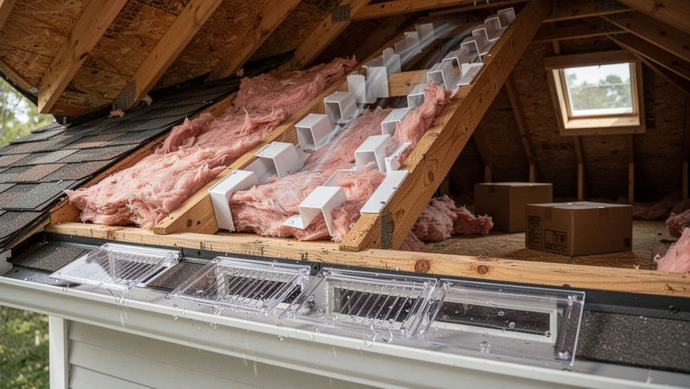 Photorealistic close-up of a residential attic eave section with proper roof ventilation, including open soffit vents, rafter baffles, and pink fiberglass insulation.
