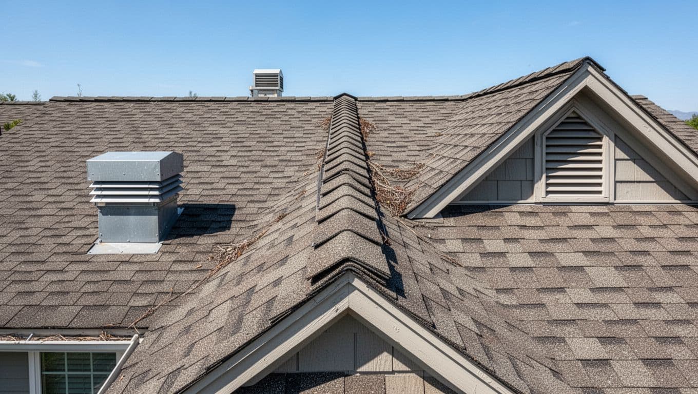Photorealistic overhead view of a sloped asphalt shingle residential roof featuring three exhaust vents: continuous ridge vent in the center, static box vent on the left, and gable wall louver vent on the right.