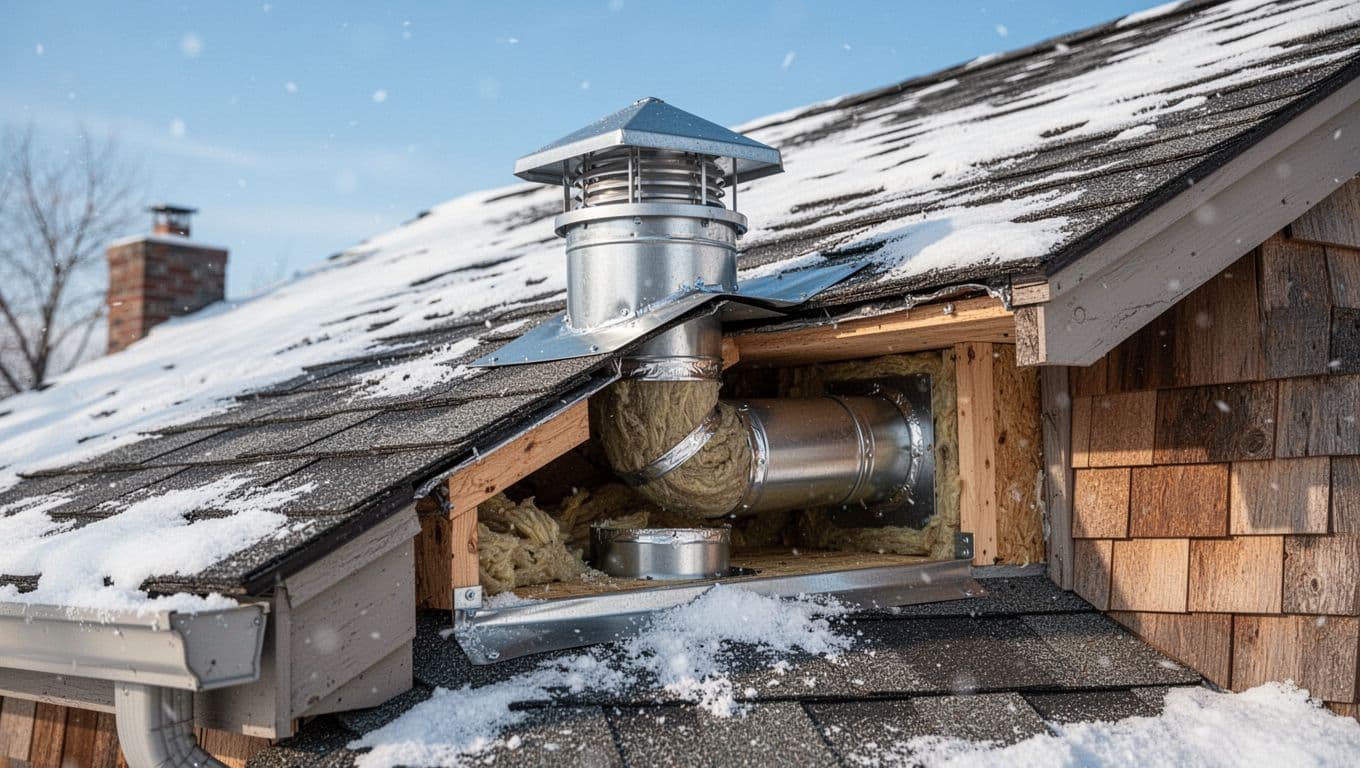 Photorealistic close-up of a properly installed bathroom exhaust fan duct termination on an asphalt shingle residential roof in snowy Minnesota winter conditions, featuring a durable metal roof jack cap with backdraft damper, sealed flashing, and insulated duct.