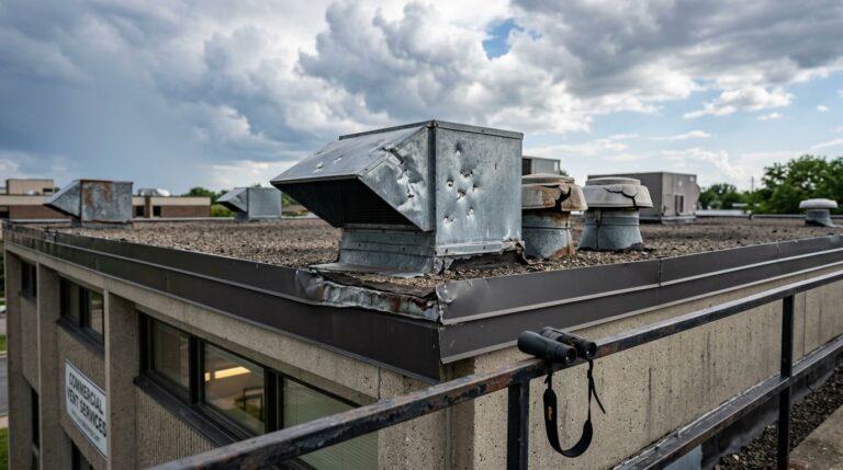 Damaged roof vents with cloudy sky.