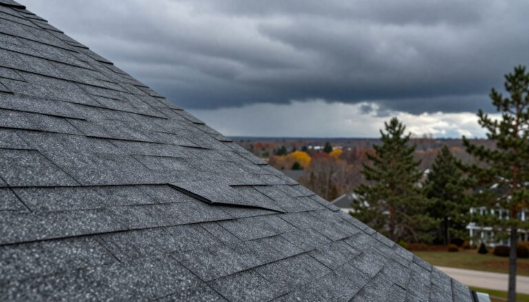 Gray shingles under cloudy sky