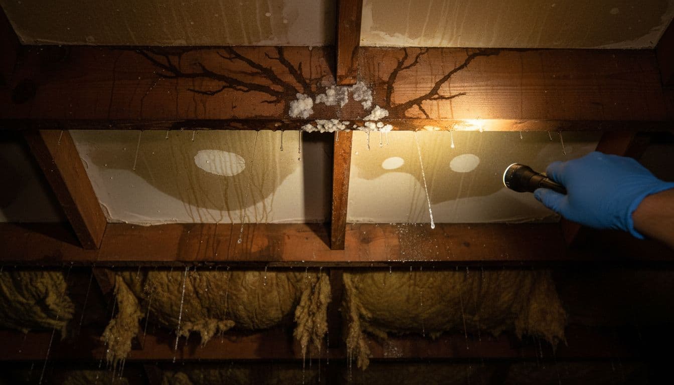 How Do You Tell Attic Condensation From a Roof Leak? Commercial attic with dark water stains and drips on wooden beams and drywall from roof leak, mineral deposits, sagging wet insulation, flashlight illuminating damage, gloved hand pointing.
