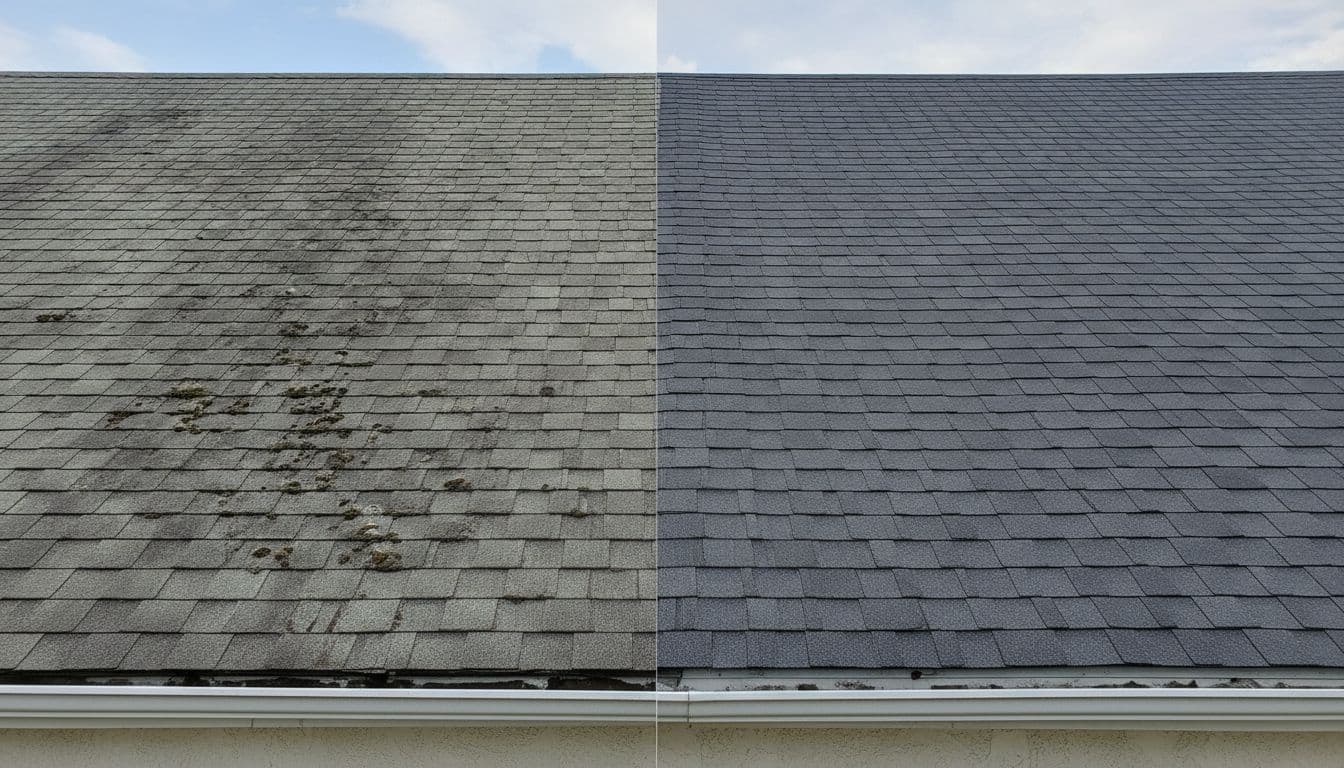 Can You Match Faded Asphalt Shingles for a Small Roof Repair? Split view shows faded weathered asphalt shingles left and seamlessly repaired matching section right on small commercial roof.