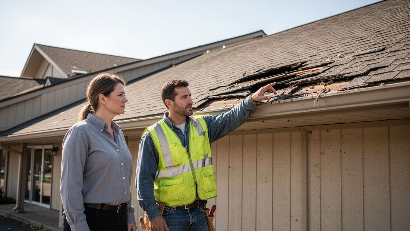 Can Wind Damage Starter Shingles at the Eaves? Commercial building owner in safety vest discusses shingle damage on pitched roof eaves with roofer on clear day, one pointing to the roof from the ground.