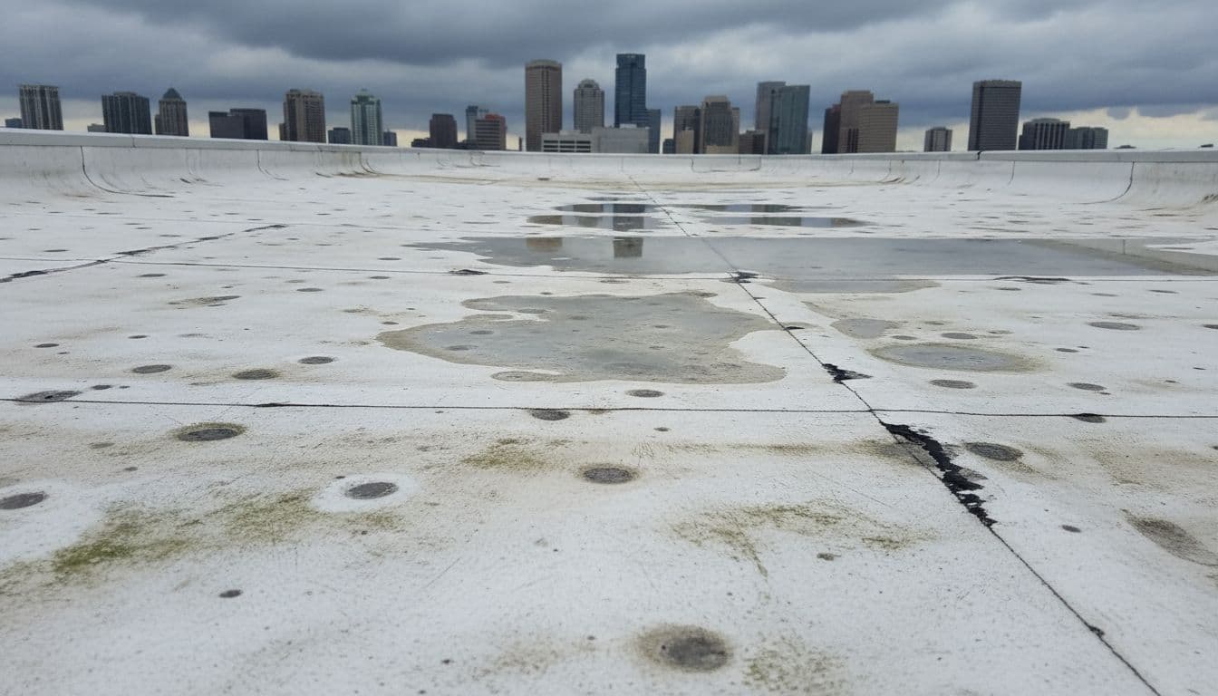 Can You Request a Roof Claim Reinspection After a Denial? Close-up view of a damaged commercial flat roof showing hail dents, cracked seams, and water ponding on TPO membrane, with office building rooftop, city skyline, and overcast sky.