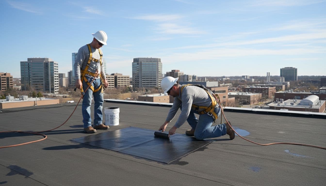 Two roofers patch leaks on low-slope EPDM roof with new membrane, wearing safety harnesses on urban building.