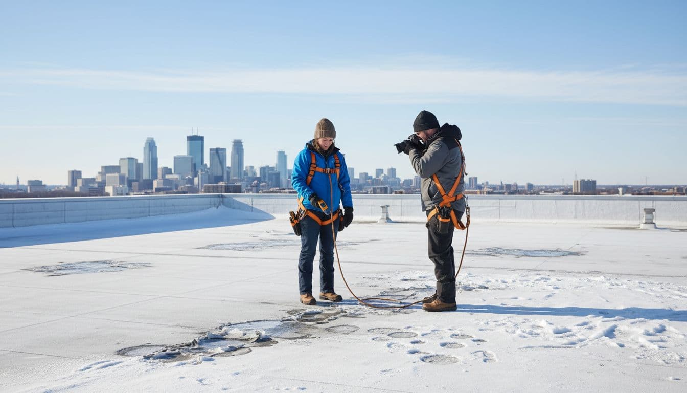 Two appraisers with tools examine hail damage and TPO tears on snowy commercial roof overlooking Twin Cities skyline.