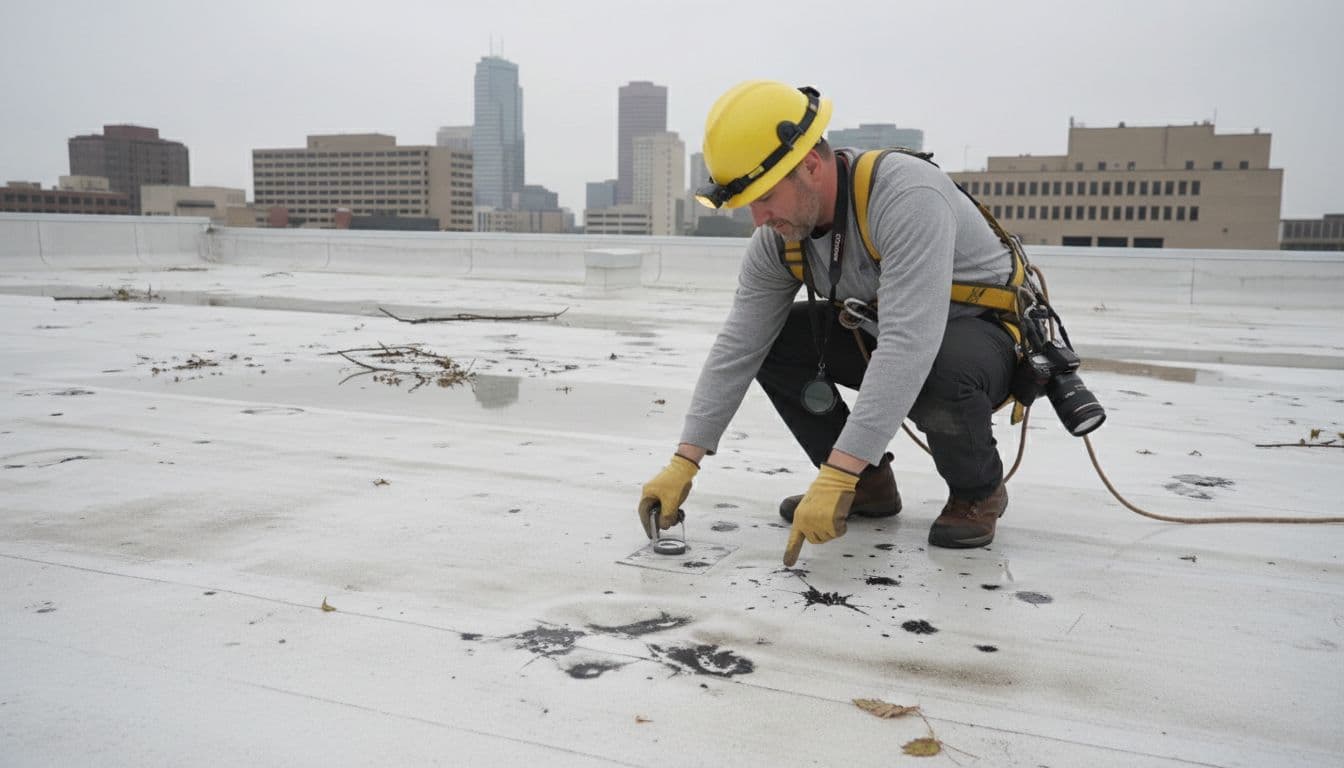 How Long Does a Roof Inspection Take After Hail Damage? Roofing inspector in hard hat and harness uses tools to examine dents, cracks, and granule loss on hail-damaged TPO membrane of multi-story building.