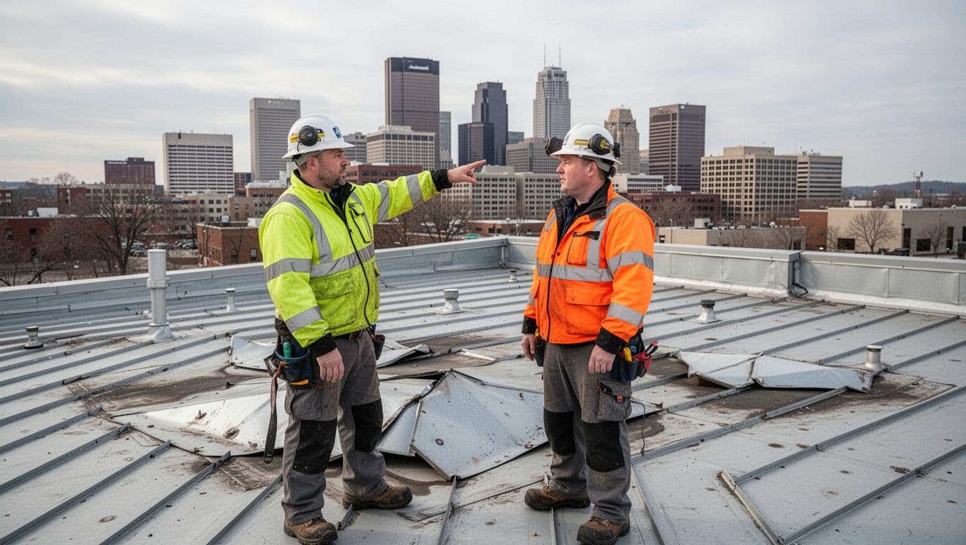 Does Insurance Cover Matching Metal Roof Panels in Minnesota? Professional roofing inspector and business owner in safety gear stand on a commercial flat roof, discussing an insurance claim for damaged metal panels, with one pointing to a dented area and the Minnesota urban skyline in the background under an overcast sky.