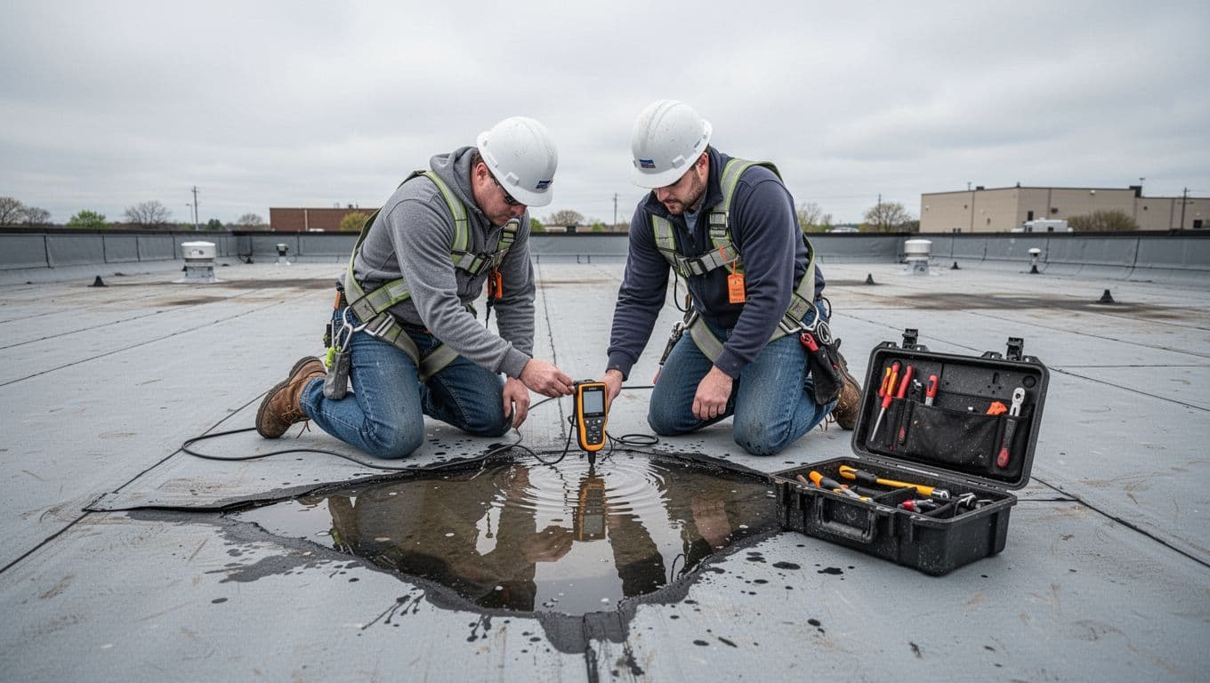 Can You Reopen a Roof Claim After More Damage Appears? A single professional commercial roofing inspector in hard hat and safety harness kneels on a large flat roof, using an infrared moisture meter on a new membrane tear with water pooling, toolbox nearby, overcast sky.