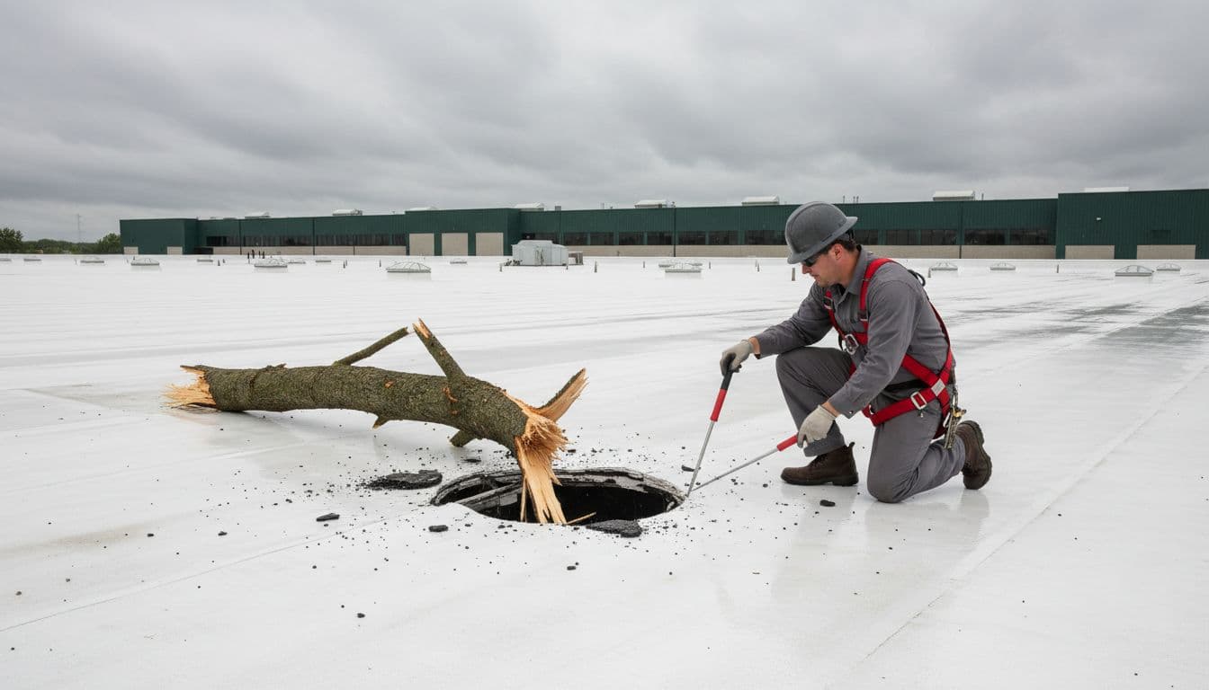 Does Insurance Cover Roof Damage From Fallen Tree Limbs in Minnesota? Professional commercial roofer in safety harness kneeling beside puncture in white membrane flat roof from fallen tree branch, holding inspection tool under Minnesota cloudy sky with large warehouse background.