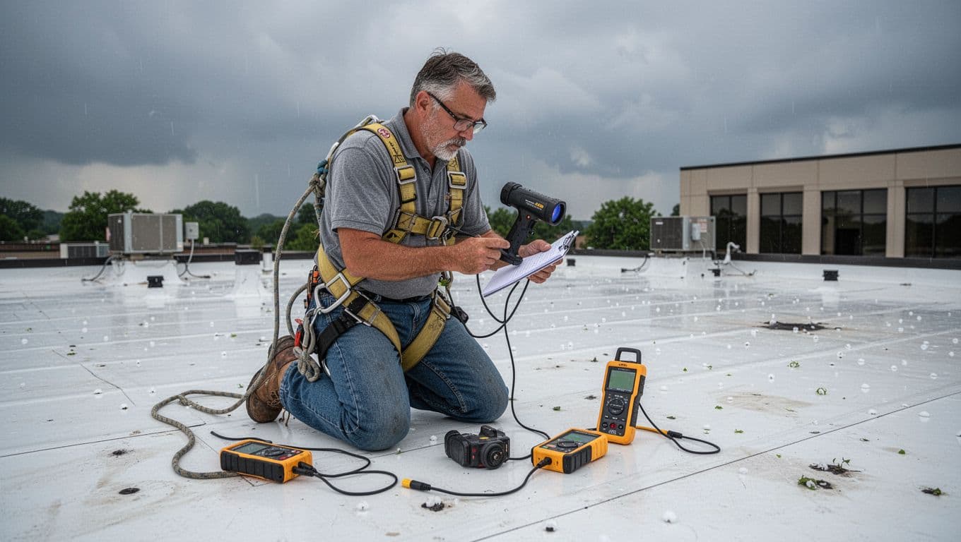 Should You Get A Roof Inspection Before Filing A Hail Claim An experienced commercial roofer kneels safely harnessed on a flat TPO roof of an office building, using an infrared camera and notepad to document hail damage after a storm, with tools like a moisture meter nearby under an overcast sky.