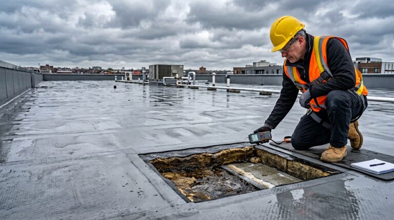 Worker inspecting damaged flat roof