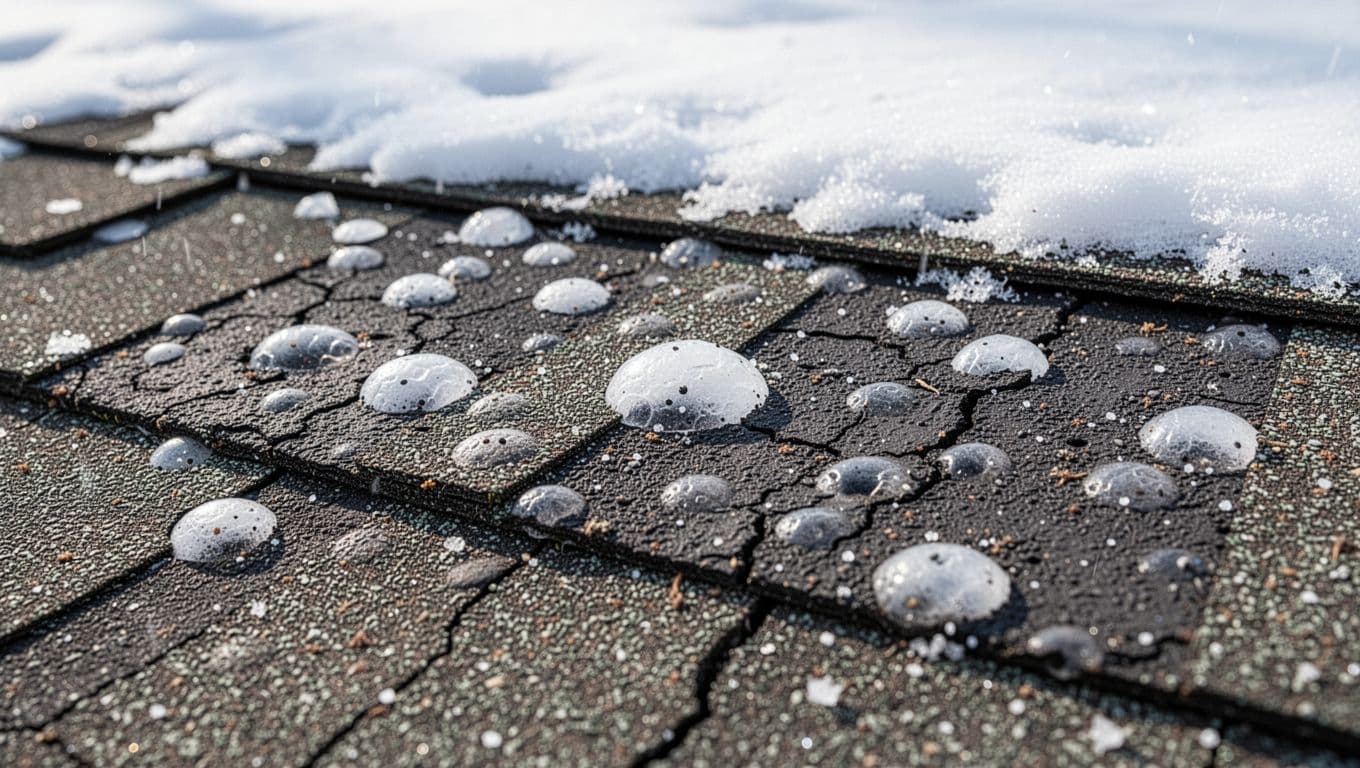 Can Snow Hide Hail Damage On Asphalt Shingles Until Spring Close-up of weathered asphalt shingle roof after snow melt, revealing classic hail damage with irregular round dents, granule loss exposing dark mat, and small cracks in natural spring daylight.