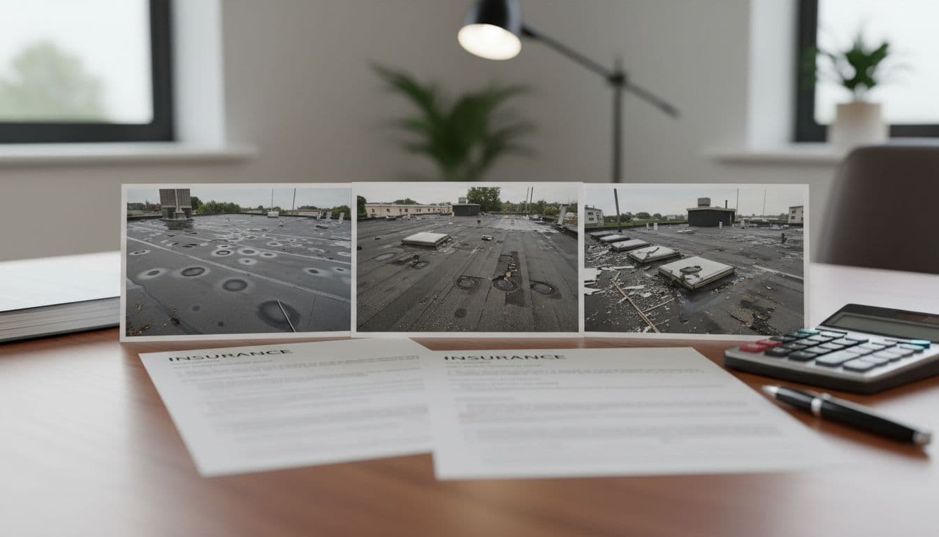 Can Insurance Deny a Roof Claim for Late Reporting in Minnesota? Insurance documents and three photos of hail-damaged commercial roof on a desk with calculator and pen.