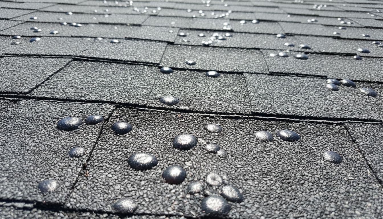 Close-up of asphalt shingles on a commercial building roof with numerous small round heat blisters, some popped, highlighted by bright sunlight in sharp detail.