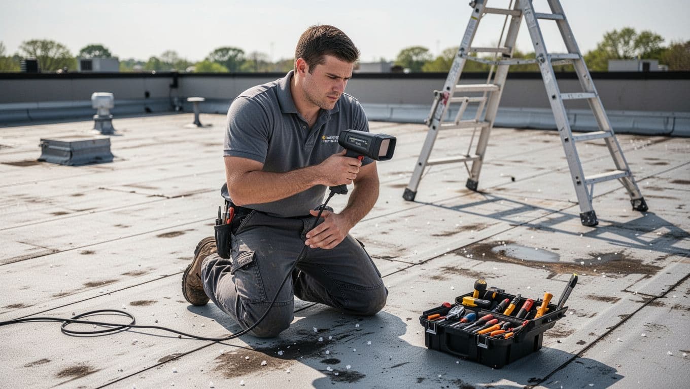 Professional roofing technician kneeling on commercial flat roof, using thermal imaging camera to detect moisture from hail damage leaks, with tools and ladder nearby in daylight.