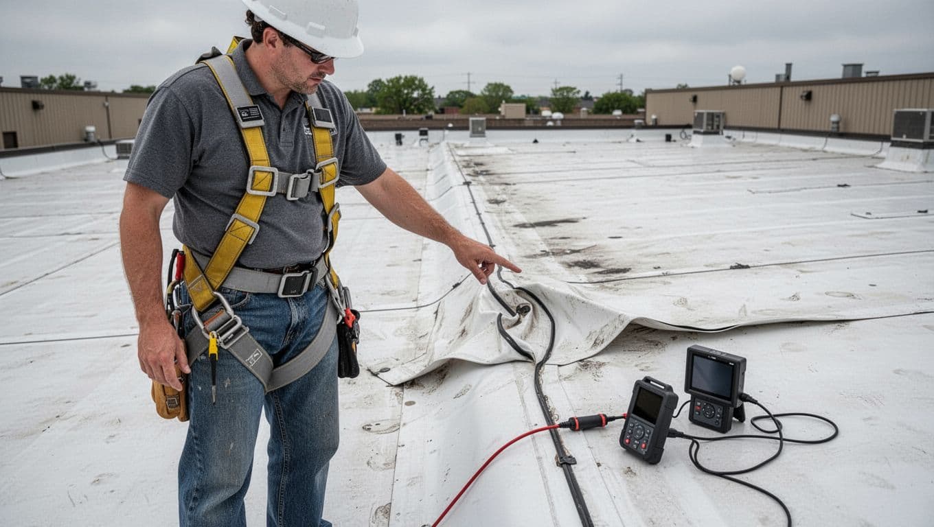 Close-up view of a professional inspector pointing to a lifted seam and wrinkled section from wind uplift damage on a PVC roofing membrane on a commercial flat roof in Minnesota, with safety harness, hard hat, and tools like infrared camera nearby.