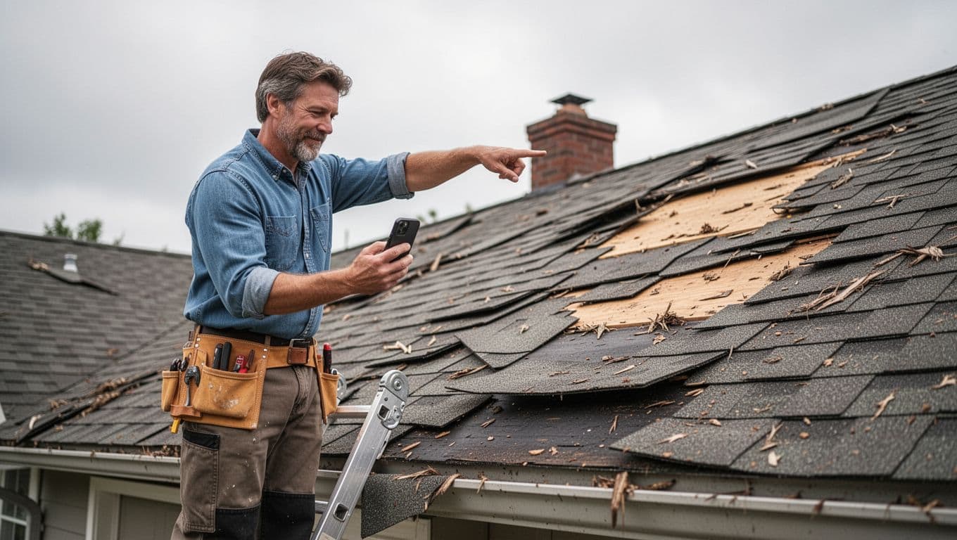 Does Homeowners Insurance Cover Roof Leaks From Wind-Driven Rain in Minnesota? Minnesota homeowner safely on ladder inspecting wind-damaged shingle roof after storm, pointing at lifted shingles while taking photo with phone for insurance claim, overcast sky, realistic style with natural daylight focus on person and damage.