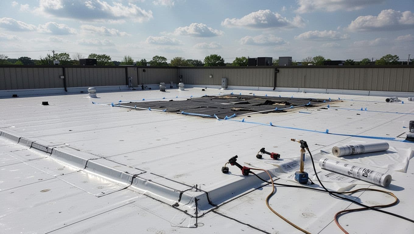 Minnesota commercial building flat roof with PVC membrane partially repaired after wind damage, featuring new welded seams and secured edges in the foreground, taped-off damaged area in the background, tools and materials on roof under partly cloudy sky.