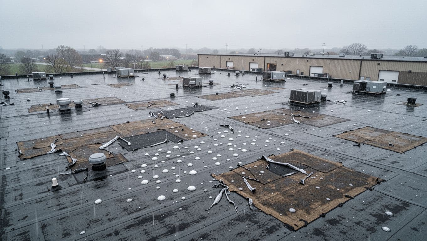 Can You Reopen a Roof Claim After More Damage Appears? Aerial landscape view of a large commercial warehouse flat roof with new hail damage dents and tears amid older patched sections, under overcast Minnesota sky with light rain.