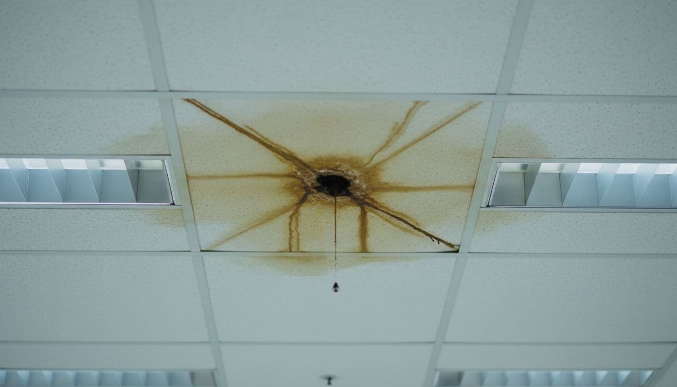 Close-up of discolored ceiling tiles with water stains and drip marks under fluorescent lights.