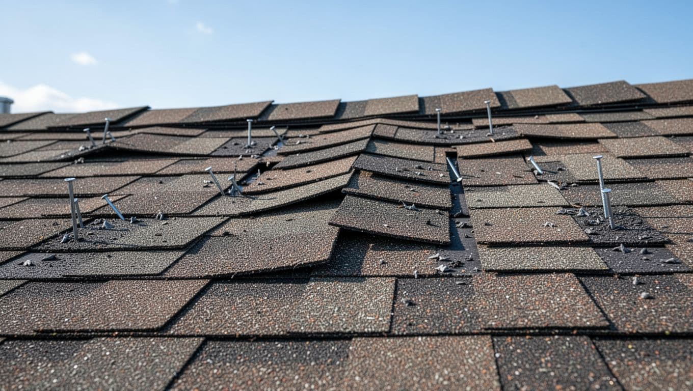 Close-up realistic photo of asphalt shingles on a commercial roof with poor installation flaws including crooked overlapping rows, nails placed incorrectly outside shingle tabs, and visible gaps between shingles under a clear blue sky, focusing on five shingles.