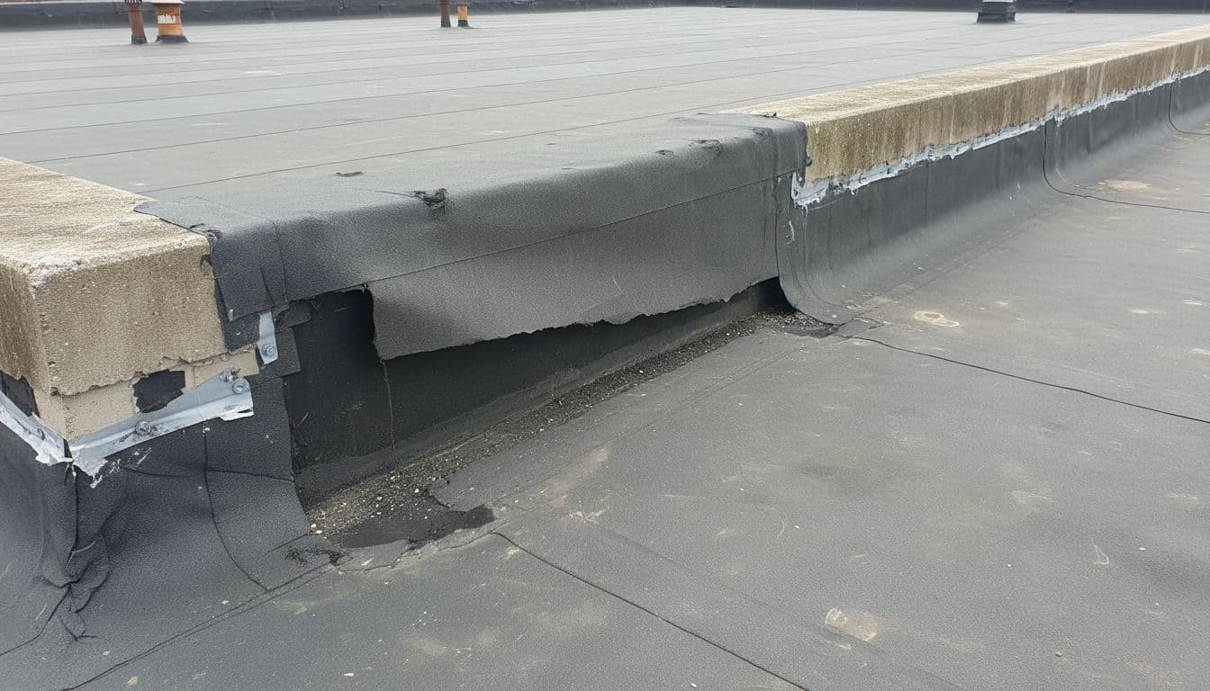 How Do You Tell Roof Storm Damage From Poor Installation? Close-up of poorly installed commercial flat roof membrane with separated seams, buckling from poor adhesion, and improper parapet flashing on a low-slope warehouse roof under natural overcast light.