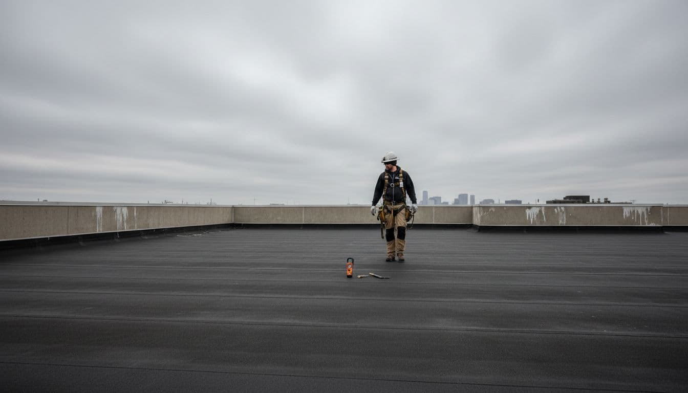 Wide-angle view of a technician walking across a black EPDM flat commercial roof in windy Minnesota weather, checking seams and edges for wind damage with a moisture meter nearby and parapet in the background under overcast skies.