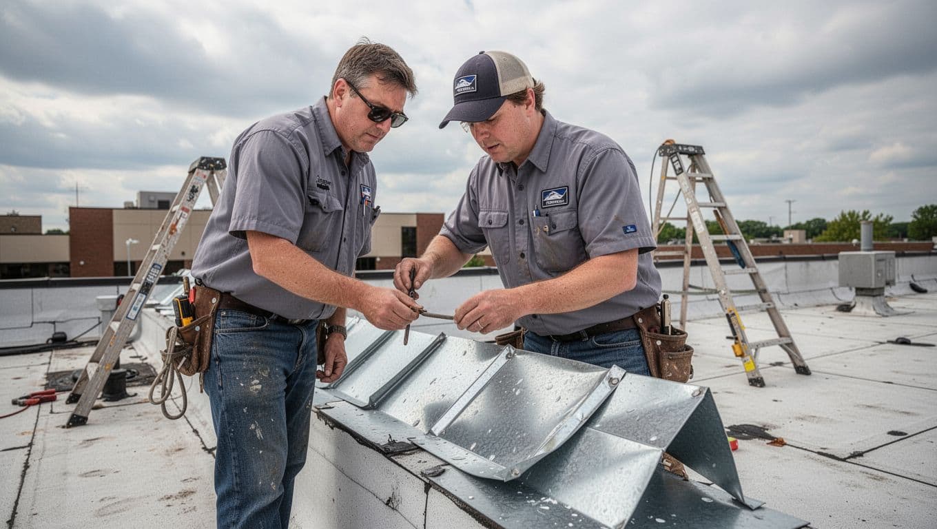 Can Wind Damage Roof Flashing Without Missing Shingles A professional roofing inspector on a commercial flat roof uses tools to inspect bent metal flashing for wind damage, ladder nearby under cloudy Minnesota sky, realistic photography.