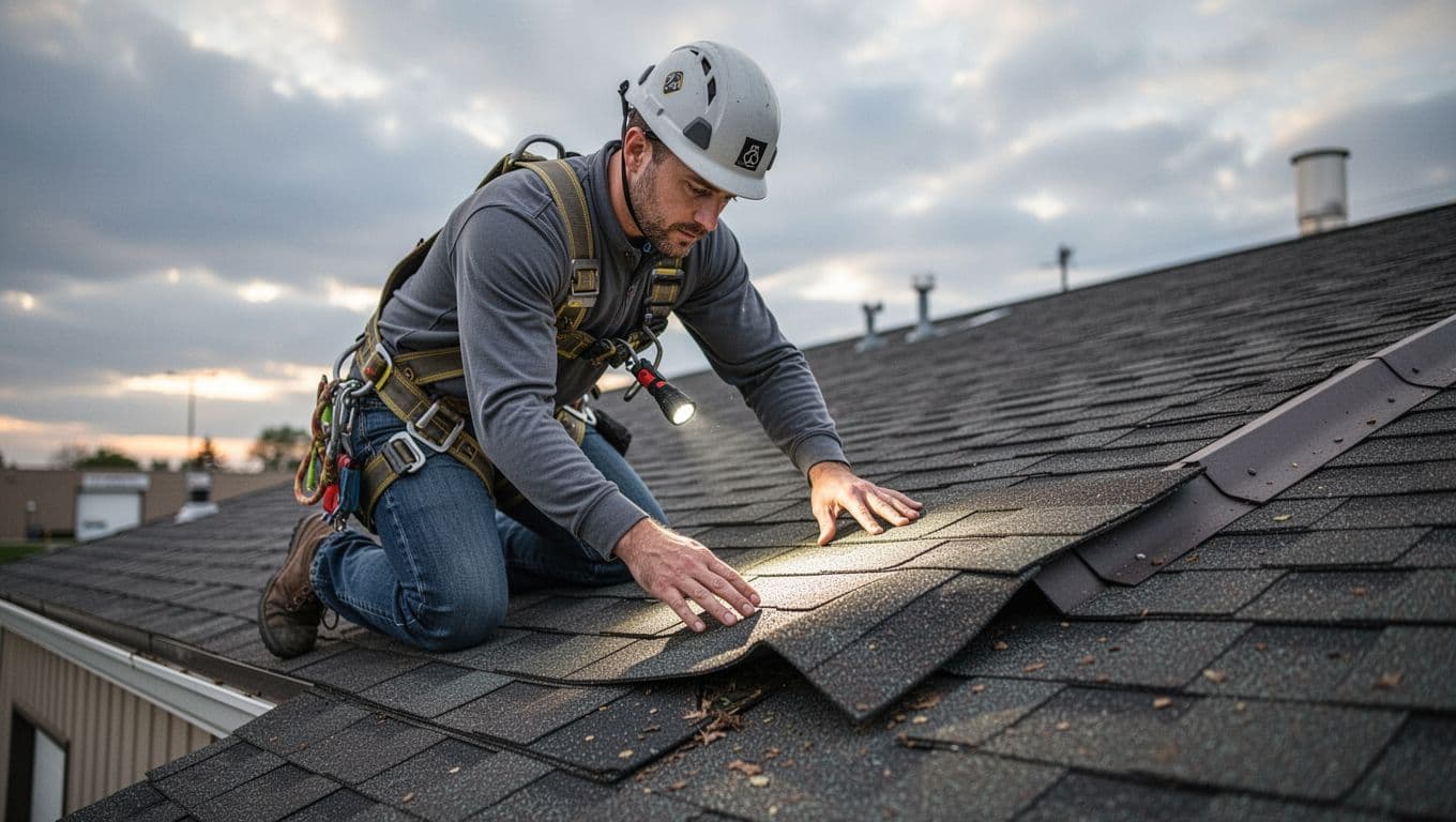 A professional roofing inspector kneels on the edge of a commercial sloped roof, holding a flashlight to closely inspect the starter shingle row for wind damage by gently lifting a shingle corner. He wears a safety harness and helmet against a cloudy Minnesota sky, emphasizing safe inspection practices.
