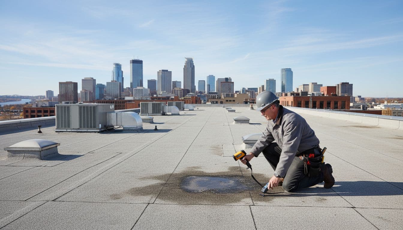 Can You Request a Roof Claim Reinspection After a Denial? A professional roofing inspector carefully examines a large commercial flat roof for damage using an infrared camera and moisture meter on a warehouse rooftop in urban Minnesota during clear daytime.