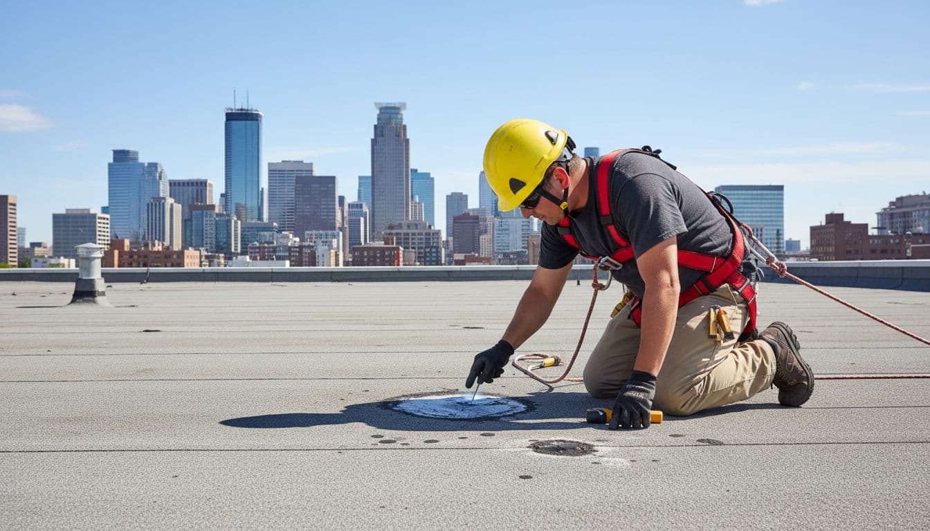 A professional roofing inspector on a commercial flat roof in Minnesota examines hail damage to the coating using a moisture meter near a dented area, wearing a safety harness and helmet, with an urban skyline in the background under bright daylight.
