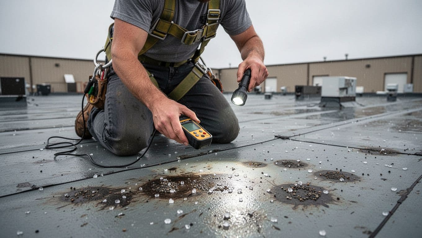 A professional roofer in a safety harness kneels on a commercial flat roof, closely examining hail damage with bruises and granule loss using a moisture meter and flashlight after a Minnesota storm. The scene is set on an urban warehouse rooftop under an overcast sky, focusing on the inspection process.