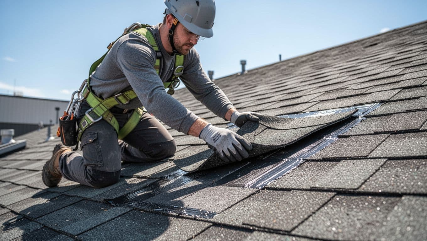 Can Creased Shingles Be Repaired Or Do They Need Replacement A professional roofing technician kneels on a sloped commercial roof, using gloved hands to lift a damaged asphalt shingle for close inspection of the seal and underside, wearing helmet and safety harness in bright daylight.