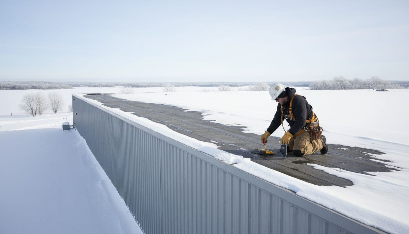 Can You File a Roof Insurance Claim in Minnesota Without Interior Leaks? A professional roofer in safety gear uses tools to check membrane damage on a flat commercial roof atop a large warehouse in a snowy Minnesota winter landscape. Wide-angle composition captures the expansive roof under natural daylight with exactly one person visible.