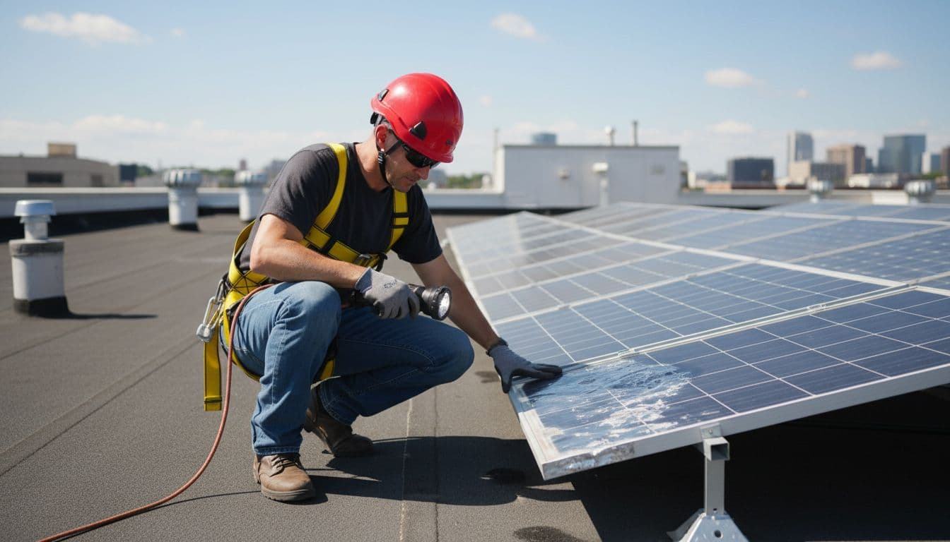 Can Hail Damage Solar Panel Roof Flashing Without Breaking the Panels A professional roofer wearing a safety harness and helmet uses a flashlight to inspect dented metal flashing on solar panels atop a commercial flat rooftop after hail damage, with intact panels nearby.