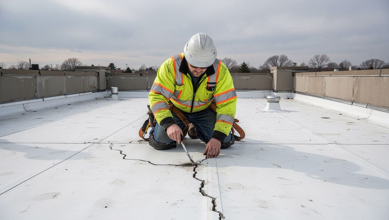 A lone professional roofer in full safety gear kneels on a white PVC membrane flat roof in Minnesota, carefully probing a hail-induced fracture with a specialized tool amid parapet walls and an overcast sky.