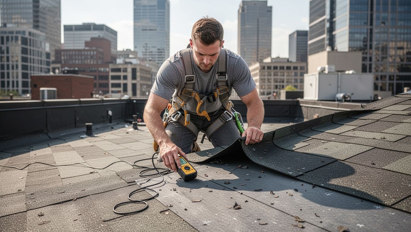 Can Wind Damage Roof Underlayment Without Missing Shingles A professional roofer in a safety harness carefully lifts the edge of an intact shingle on a commercial low-slope roof to check the underlayment for hidden wind damage, holding tools like a moisture meter, with an urban business district in the background under bright daylight.
