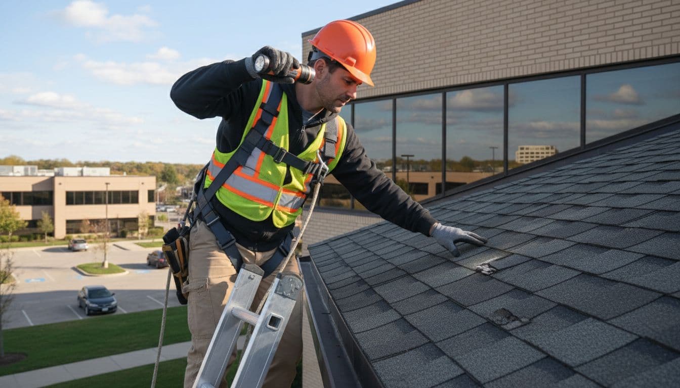 A professional roofer climbs a ladder to inspect the shingle roof of a low commercial building in an urban business park, using a flashlight to check for damage while wearing full safety gear during daytime.