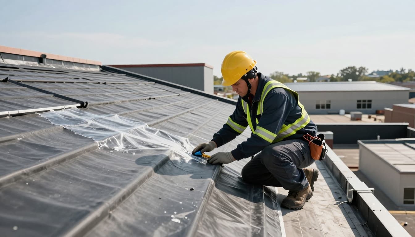Can Hail Damage A TPO Roof Without Causing Immediate Leaks A professional roofer in full safety gear uses a tool to meticulously inspect a commercial TPO roof membrane for hail damage on a business building rooftop under clear skies.