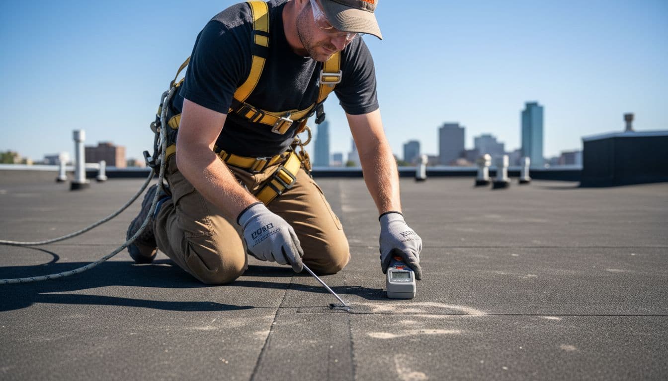 How Long Does EPDM Roofing Last in Minnesota Weather? Close-up of a roofing technician in safety harness using moisture meter and probe to inspect seams on black EPDM flat roof for wear and cracks.
