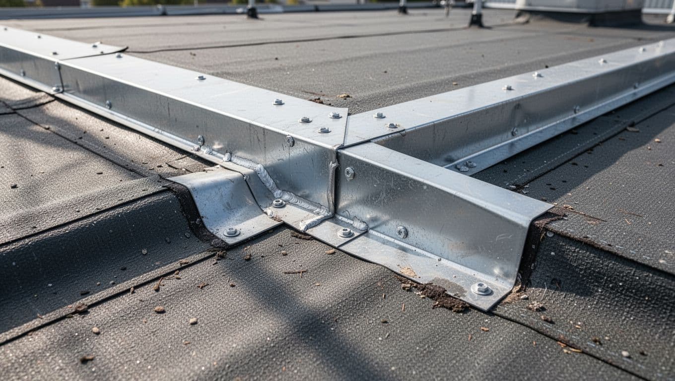 Close-up of properly repaired drip edge on commercial roof edge, featuring new metal flashing securely fastened over intact roofing membrane in bright daylight.